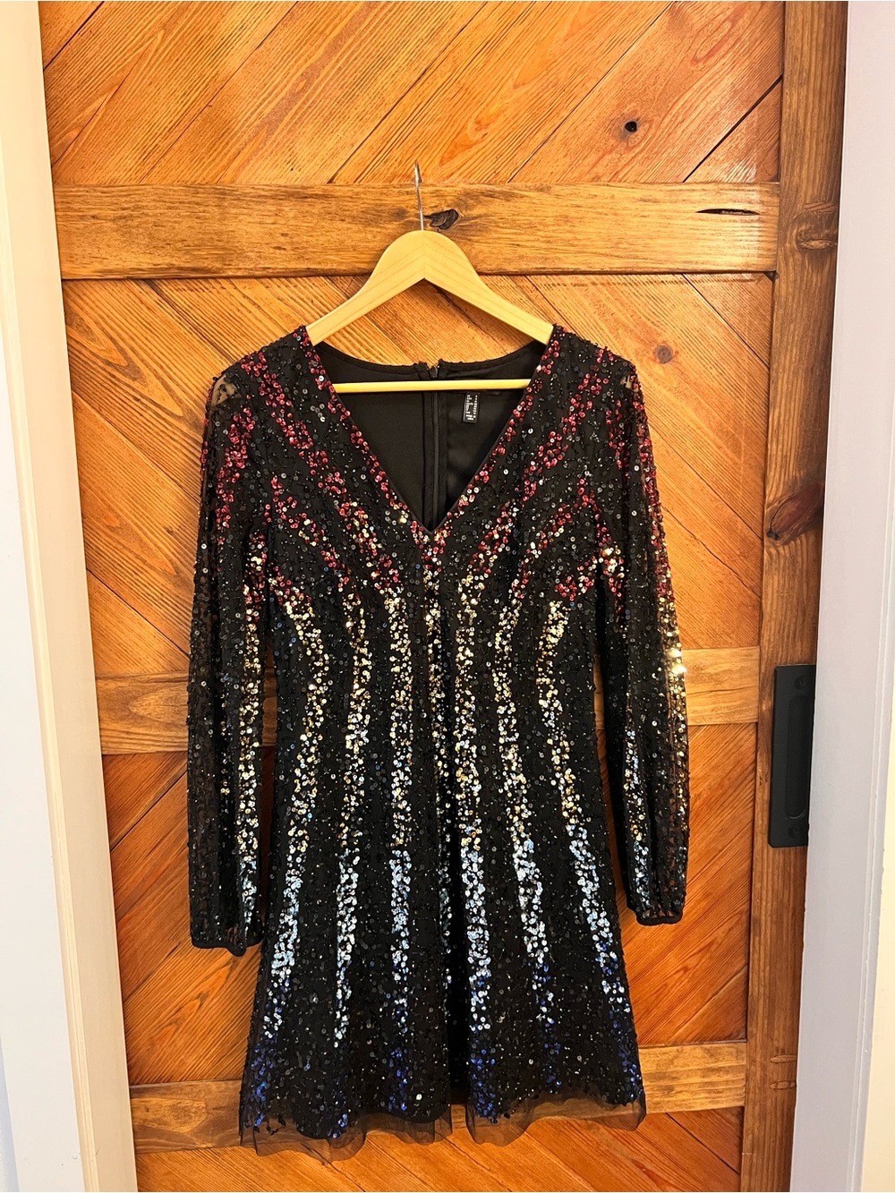 Black Sequin V-Neck Party Dress with Red, Blue, & Silver Accents